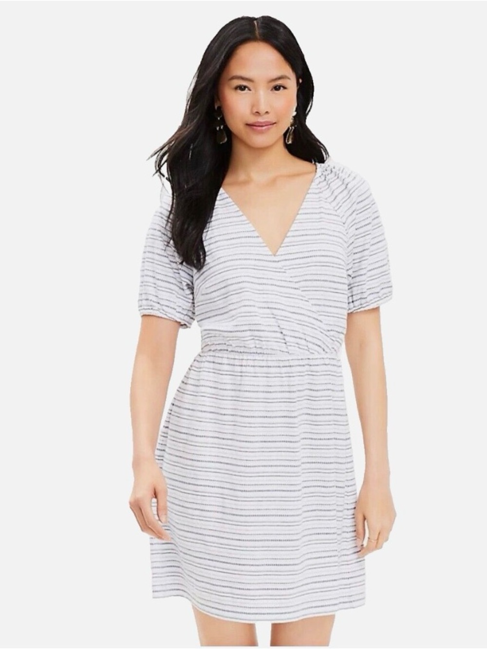LOFT White Dress with Black Stripes, Short Puff Sleeve Midi
